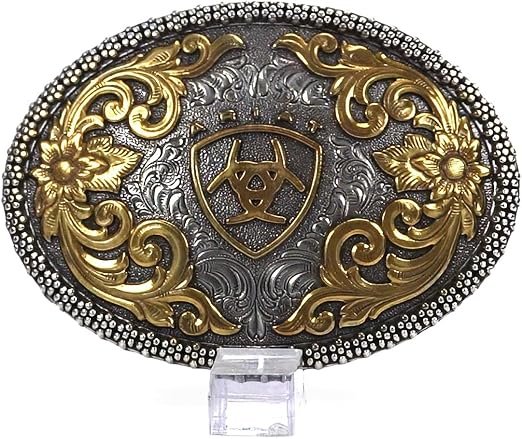 ARIAT Oval Buckle with Logo, Floral Scrolls and Filigree Detail, Antique Gold and Silver Finish, 3.75″x 2.75″