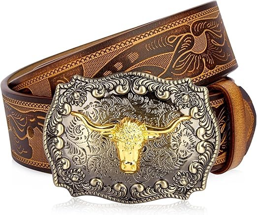 BISON DENIM Men's Western Double Embossed Leather Belts with Golden Cowboy Longhorn Bull Pattern Floral Engraved Buckle Belt
