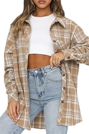 CHYRII Women's Casual Flannel Plaid Shacket Button Down Long Sleeve Shirt Jacket Coats with Pockets
