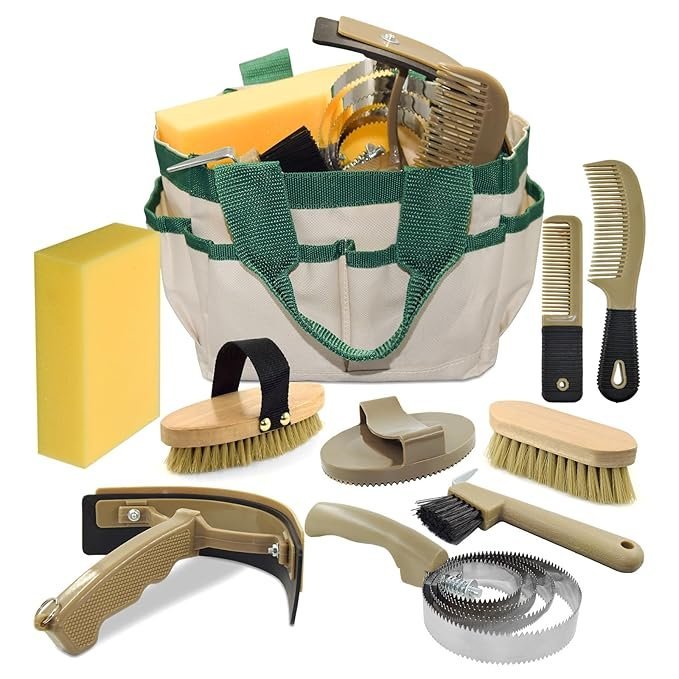 Complete 9 Piece Horse Grooming Kit with Tote Bag, Horse Brush Set for Effective Grooming and Bathing, Professional Equine Coat Care Supplies for Horse Riders