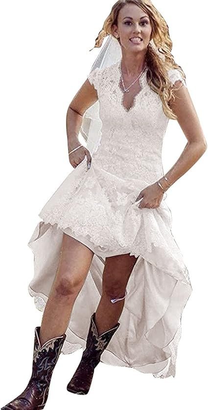 GMAR Women’s High Low Country Wedding Dress for Bride V Neck Lace Bridal Gowns