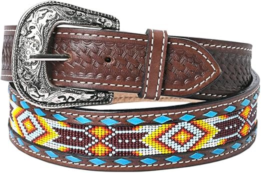 HILASON Hand Tooled Genuine Leather Hand Crafted Unisex Western Belt Beaded Carving-Bead Belts for Women-Men Beaded Belt
