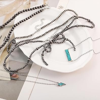 Navajo Pearl Bow Necklace Western Jewelry for Women Turquoise Choker Necklace Cowgirl 5PCS 003