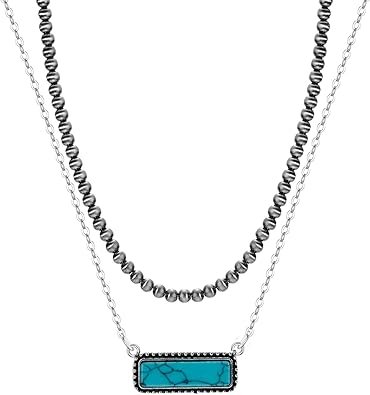 Navajo Pearl Necklace Western Jewelry for Women Turquoise Heart Bar Pendant Necklace Layered Boho Beaded Choker Necklace for Women