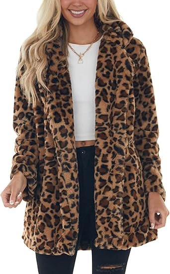 Omoone Women’s Faux Fur Jackets Autumn Winter Leopard Coats Loose Fur Coat with Pockets