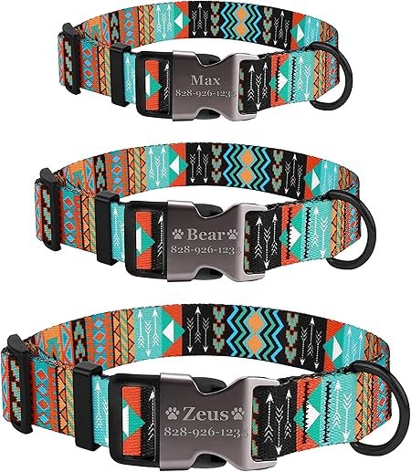 Personalized Dog Collar Tribal - Custom Engraved ID Tag Aztec - Small Medium or Large Size with Half Metal Buckle (Aztec, Small)