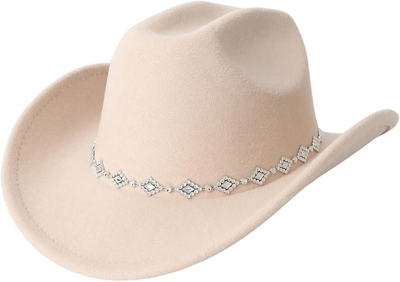 QWINEE Women's Glitter Decor Fedora Cowboy Hat Wide Brim Western Cowgirl Hat Costume Accessories Beige One-Size
