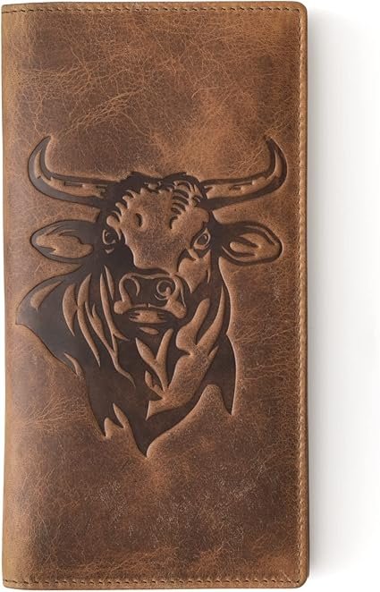 Rodeo Bull Western Wallet for Men. Full Grain Leather Checkbook Wallet. RFID Blocking Rodeo Bull Long Wallet for Men. Gift Wallet for Cowboys