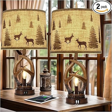 Scenekoy Rustic Farmhouse Antlers Table Lamp Set of 2 with Nightlight Dual USB Ports Linen Fabric Round Shade Bedside Lamp Decor for Living Room Bedroom Office House