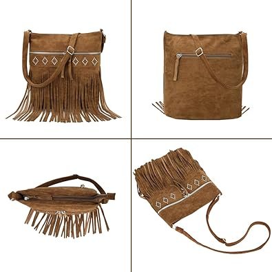 Sunwel Fashion Western Fringe Crossbody Bag with Studs Cowgirl Purse Faux Suede Shoulder Bag for Women 002