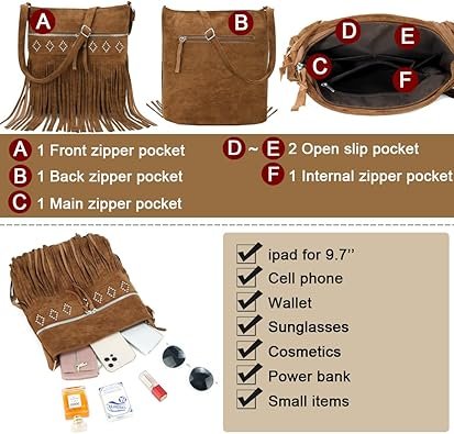 Sunwel Fashion Western Fringe Crossbody Bag with Studs Cowgirl Purse Faux Suede Shoulder Bag for Women 003