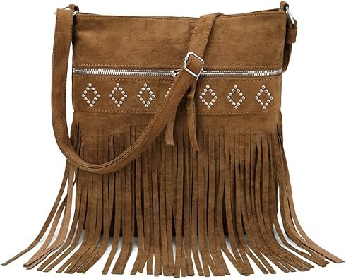 Sunwel Fashion Western Fringe Crossbody Bag with Studs Cowgirl Purse Faux Suede Shoulder Bag for Women