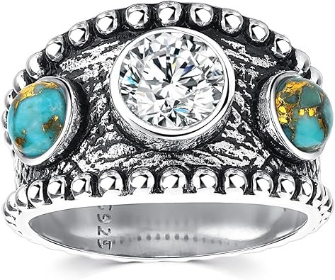 Turquoise Engagement Ring for Women Antique Silver Plated Band With 2 Round Turquoise and 1 Cubic Zirconia Hypoallergenic Nickel-free Western Wedding Ring Size 6-9