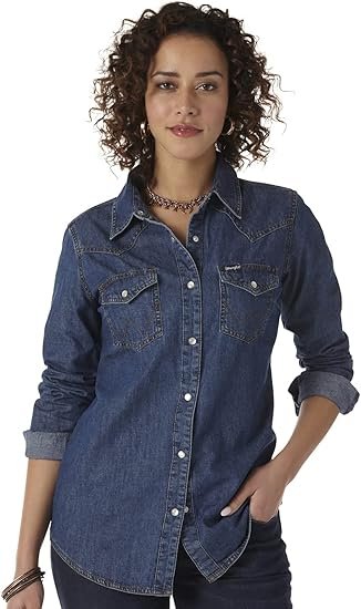Wrangler Women’s Retro Long Sleeve Western Snap Shirt Mid Denim