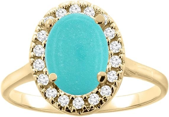 piera 14K Gold Natural Turquoise Halo Ring Oval 9x7mm Diamond Accent, Sizes 5-10